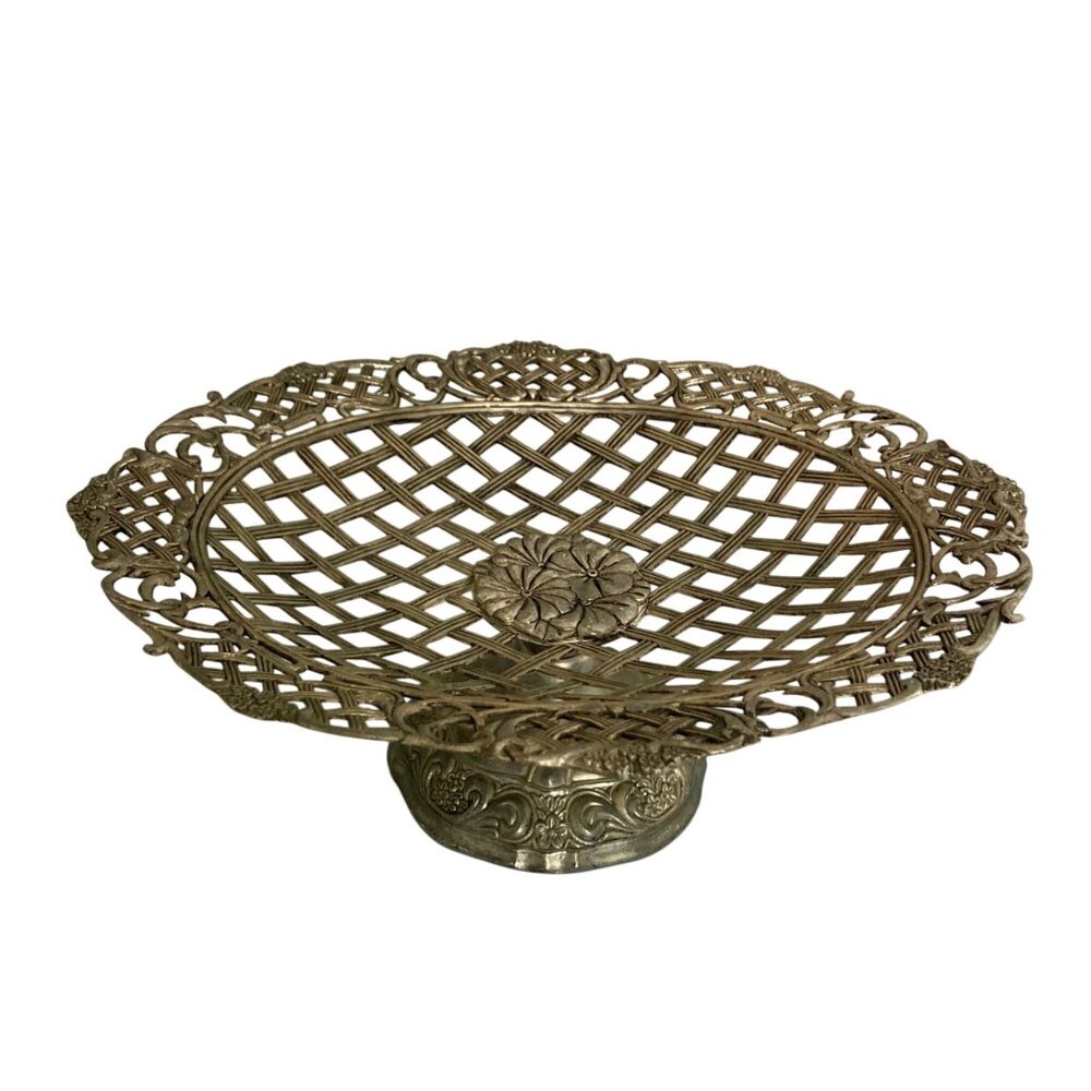 Vintage Silver Toned Lattice Compote Pedestal Bowl With Floral & Scroll Detail